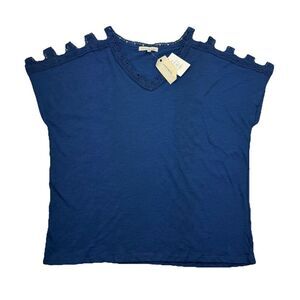 Retrology Size Medium Blue Caged Short Sleeve Lace Trim Top